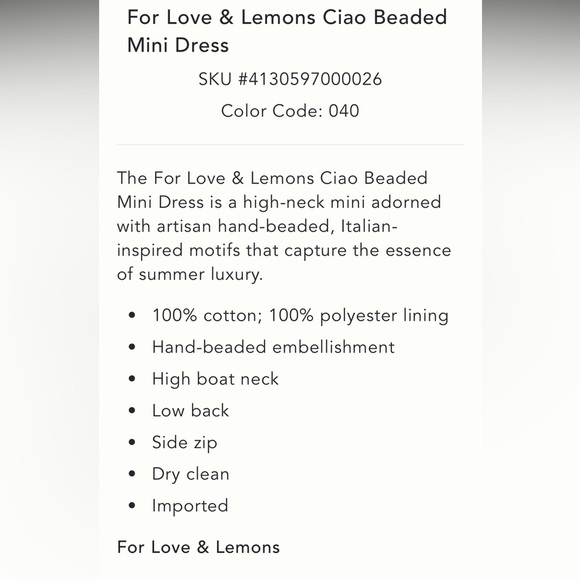 🎉SUPER RARE🎉 Anthropologie NWT For Love & Lemons Ciao Beaded Mini Dress size 4. - Picture 7 of 13